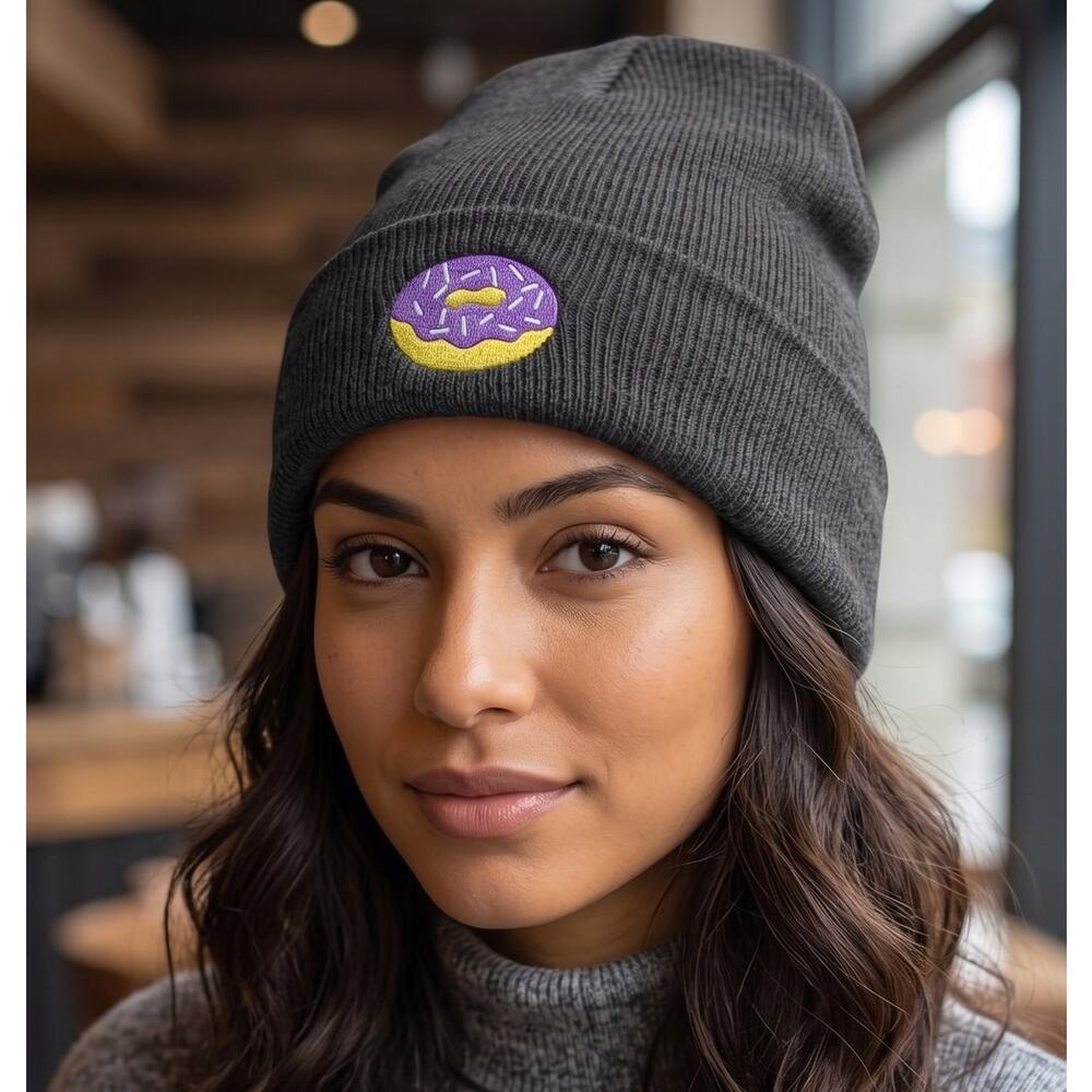 GERTEX Unisex Adult Donut Embroidered Patch Gray Beanie ONE SIZE
